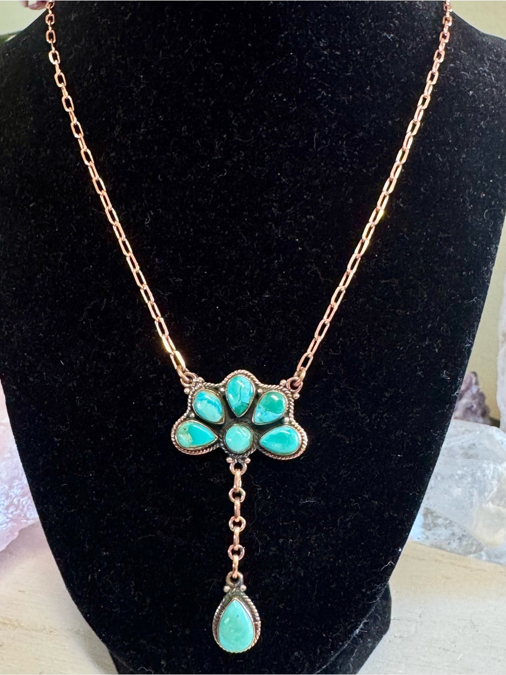 20-22”COPPER Kingman Mojave Turquoise Half Cluster Tear Drop Paper Clip Necklace